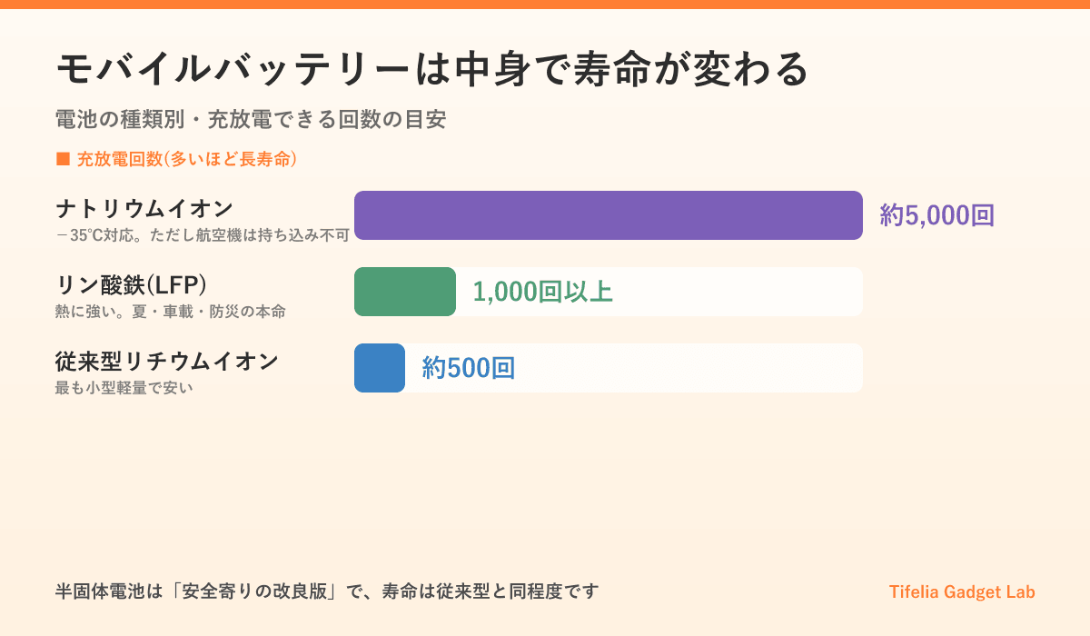 モバイルバッテリーの電池種類別の充放電回数を比較した図。ナトリウムイオンは約5,000回、リン酸鉄リチウムは1,000回以上、従来型リチウムイオンは約500回